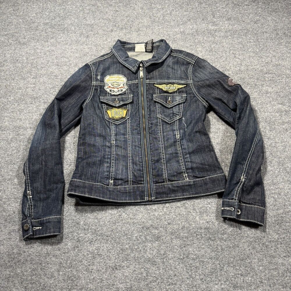 Harley Davidson Jean Jacket Womens Medium Denim Patches Zip Up Biker Motorcycle